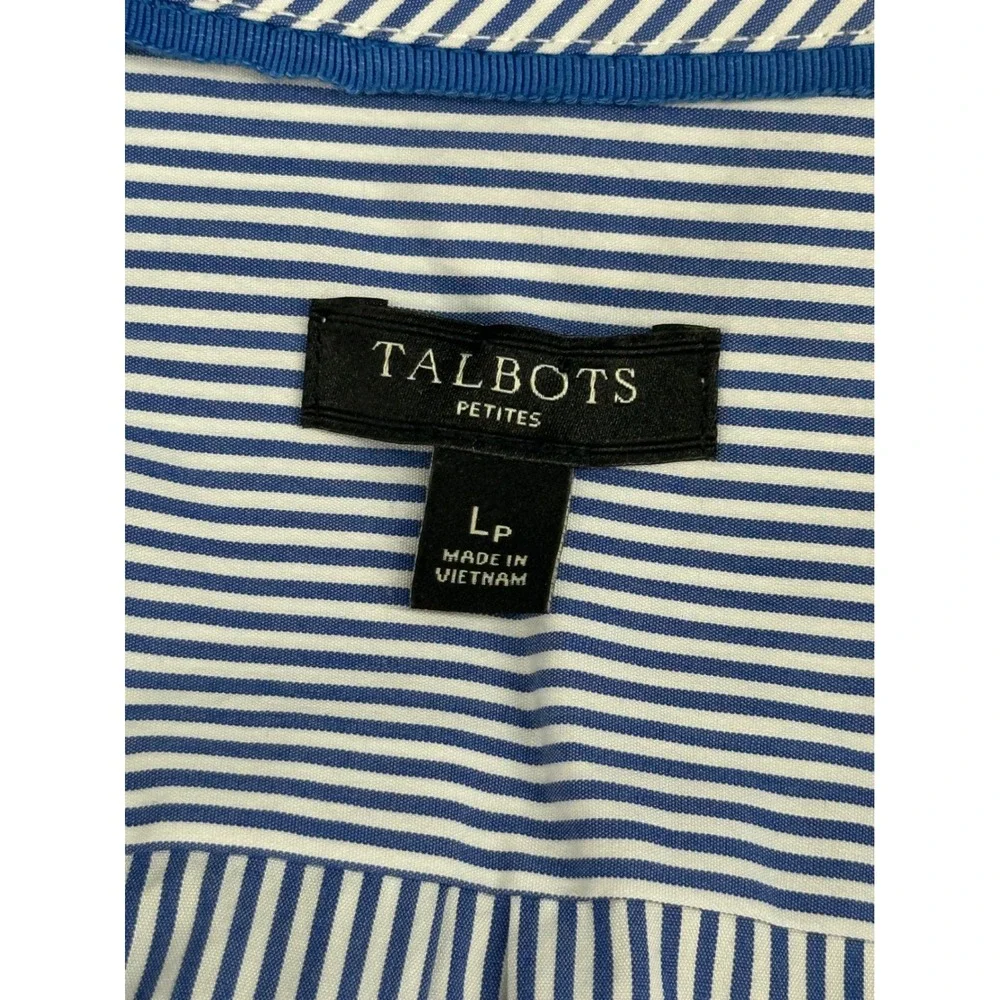 Talbots Petites Blue White Pinstripe Hidden Placket Button Up Shirt LP Preppy